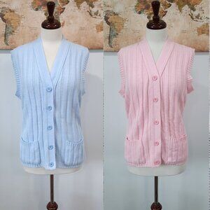 Vintage Blue and Pink Sleeveless Cardigan Sweater Vest
